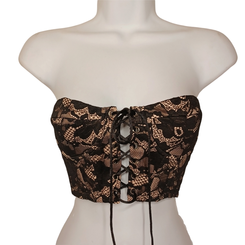 NEW CARMIN Brown Black Lace Front Lace Up Strapless Bandeau Crop Top Small
